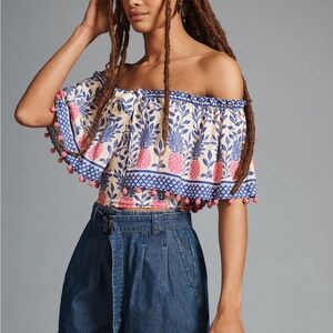 FARM Rio Blue and Pink Off-Shoulder Blouse